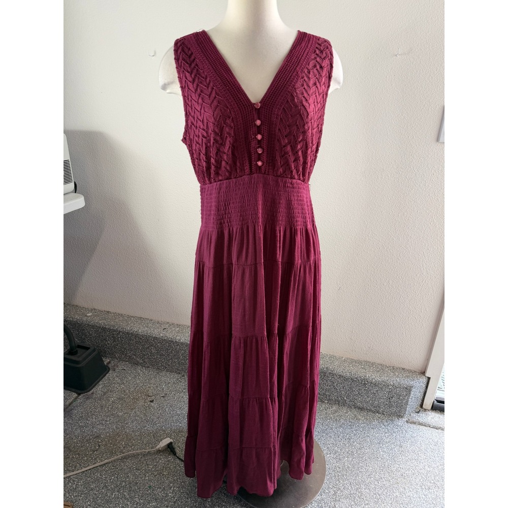J Gee Womens XL Berry Wine Crochet Lace Tiered Maxi Dress Boho Sleeveless